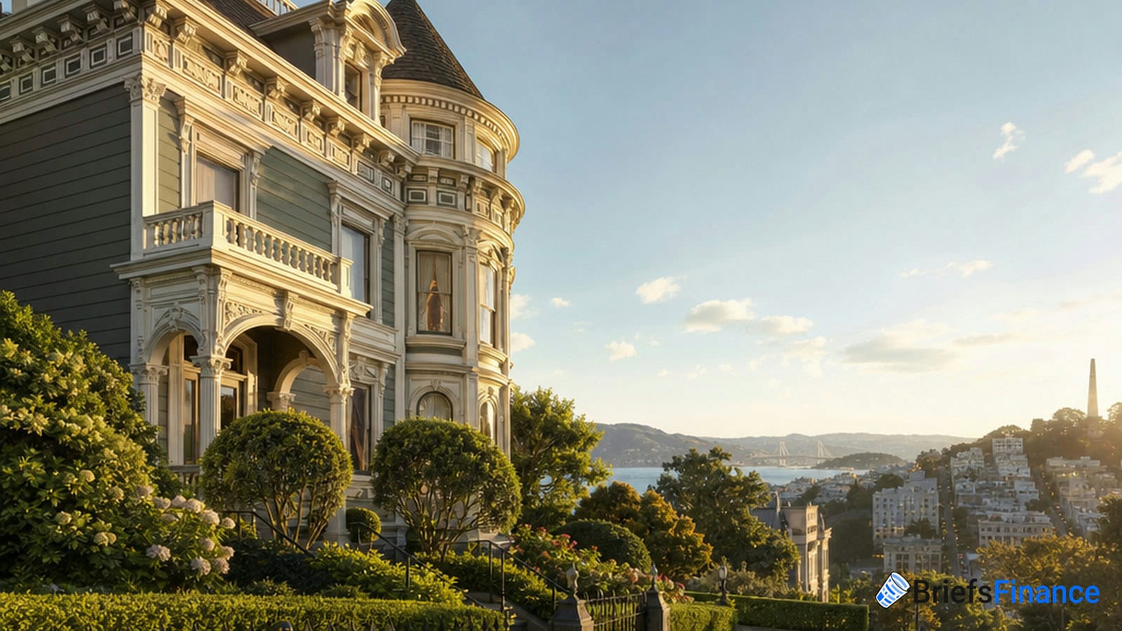 A large, ornate Victorian-style house stands on a hill with city, water, and hills visible in the background under a clear sky.