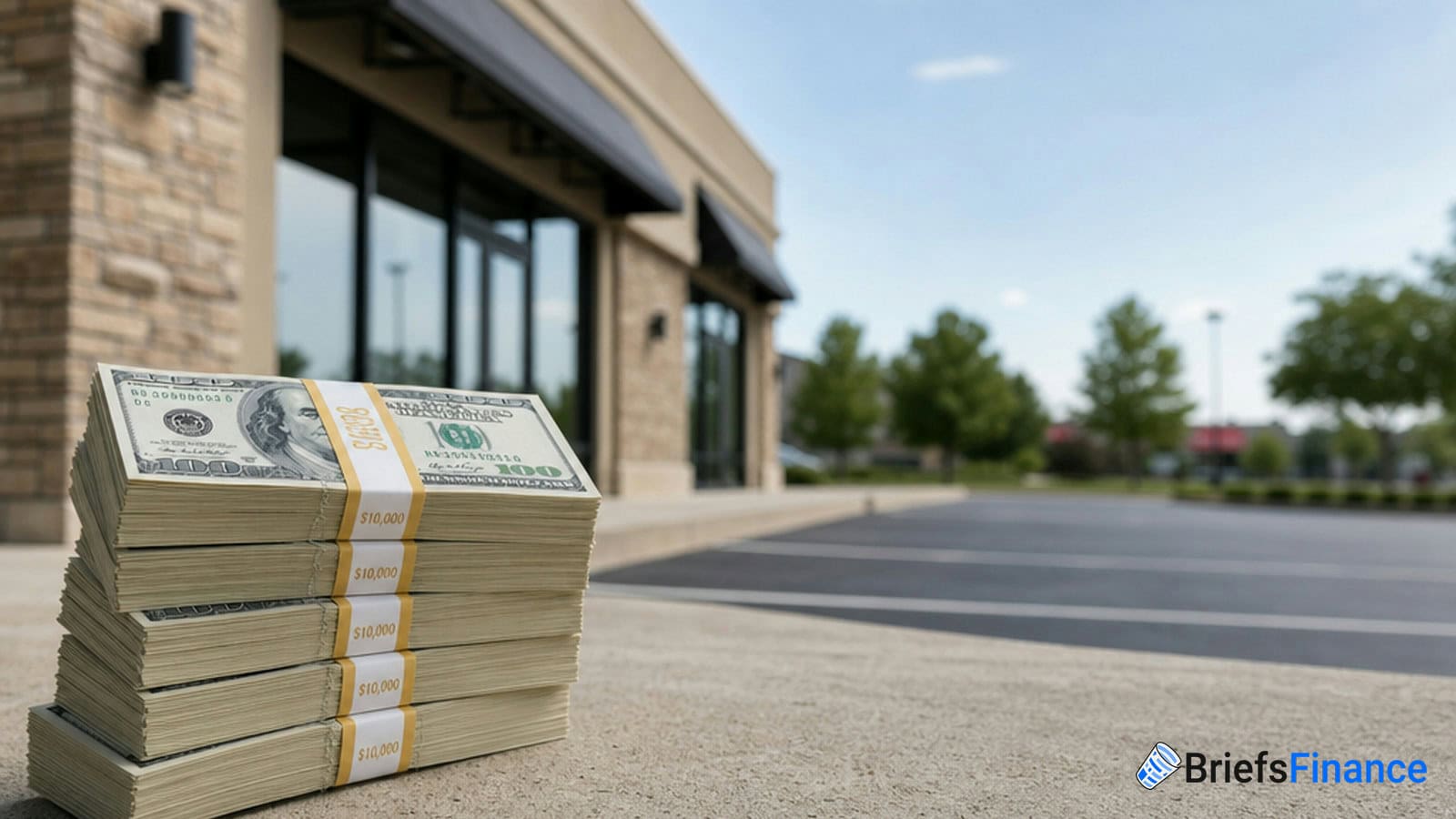 A stack of $10,000 bundles of $100 bills is placed on the ground outside a commercial building, with an empty parking lot in the background.