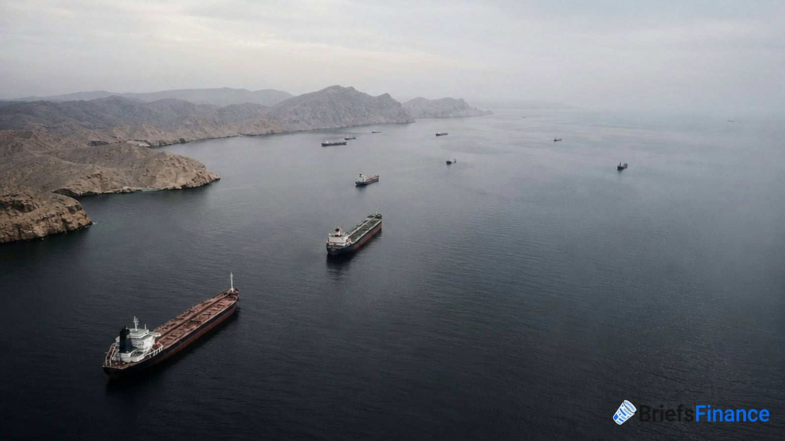 Aerial view of multiple cargo ships anchored in calm waters near a rocky coastline under a cloudy sky.