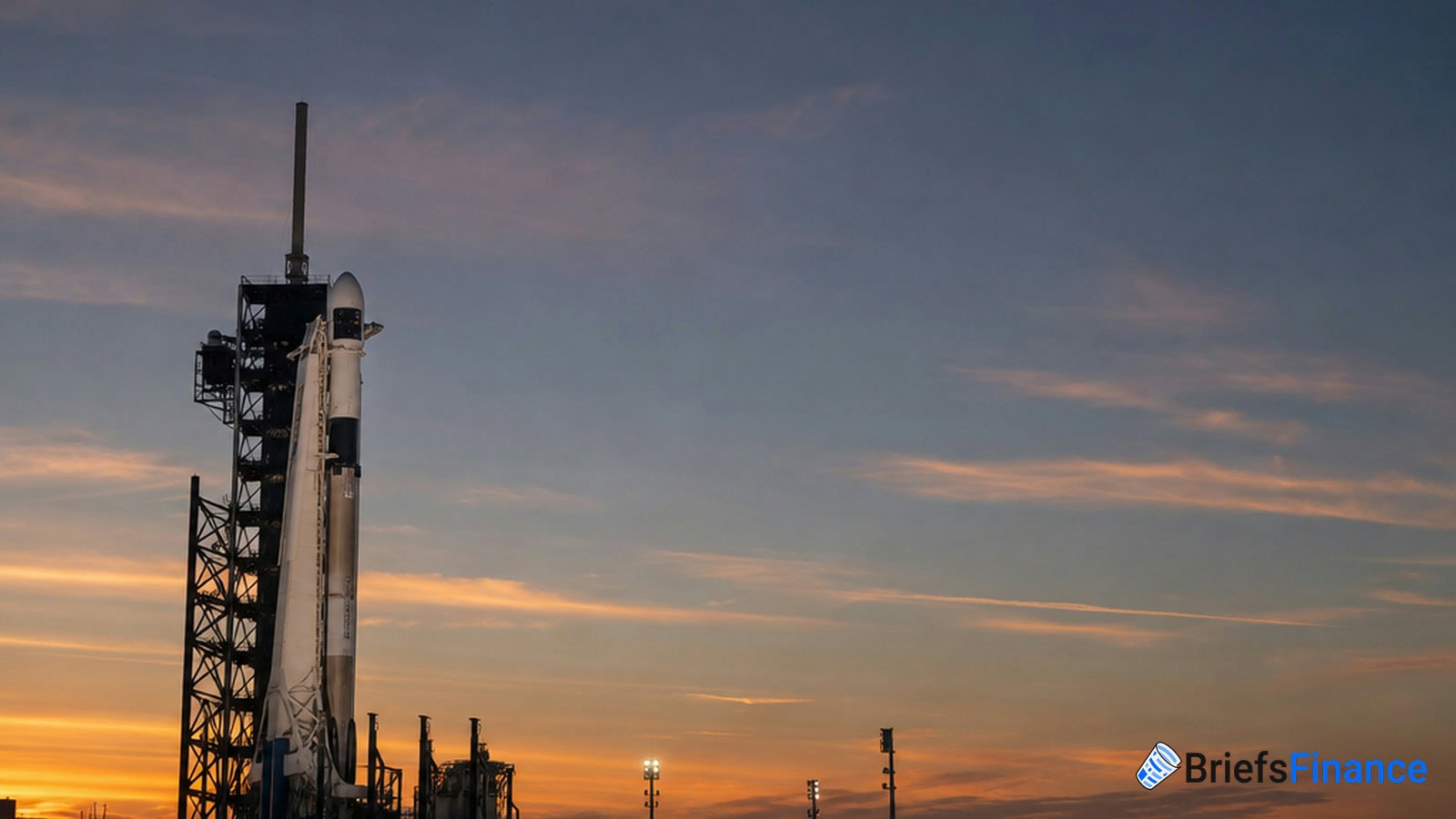 A rocket stands upright on a launch pad at sunset, with a clear sky and scattered clouds in the background.