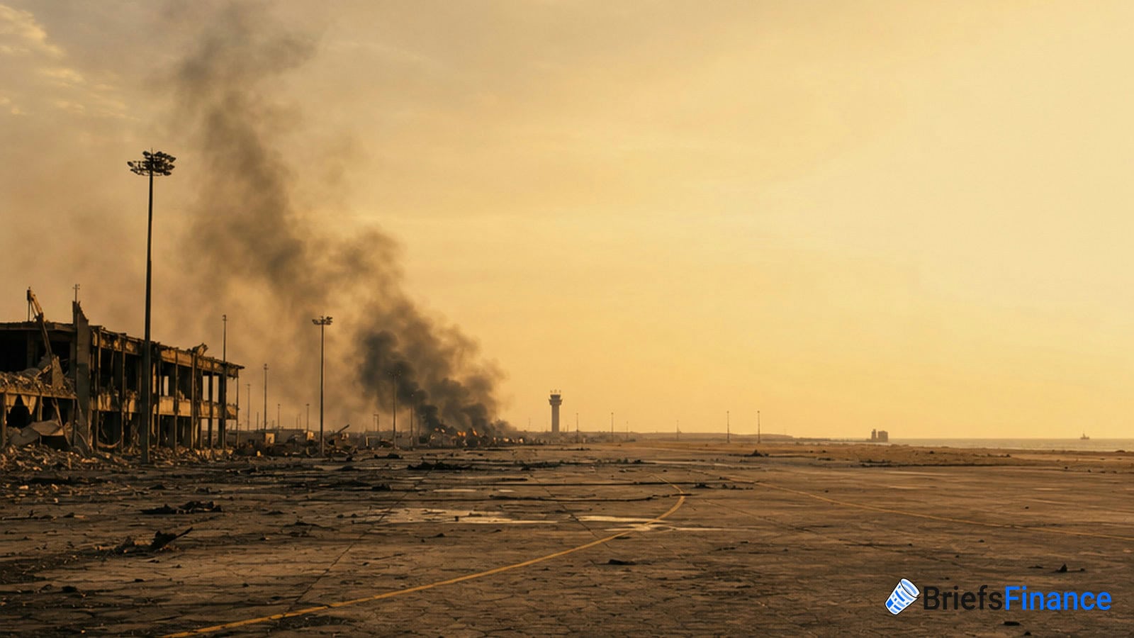 Smoke rises from damaged airport buildings under a yellow sky, with debris scattered across an empty tarmac.