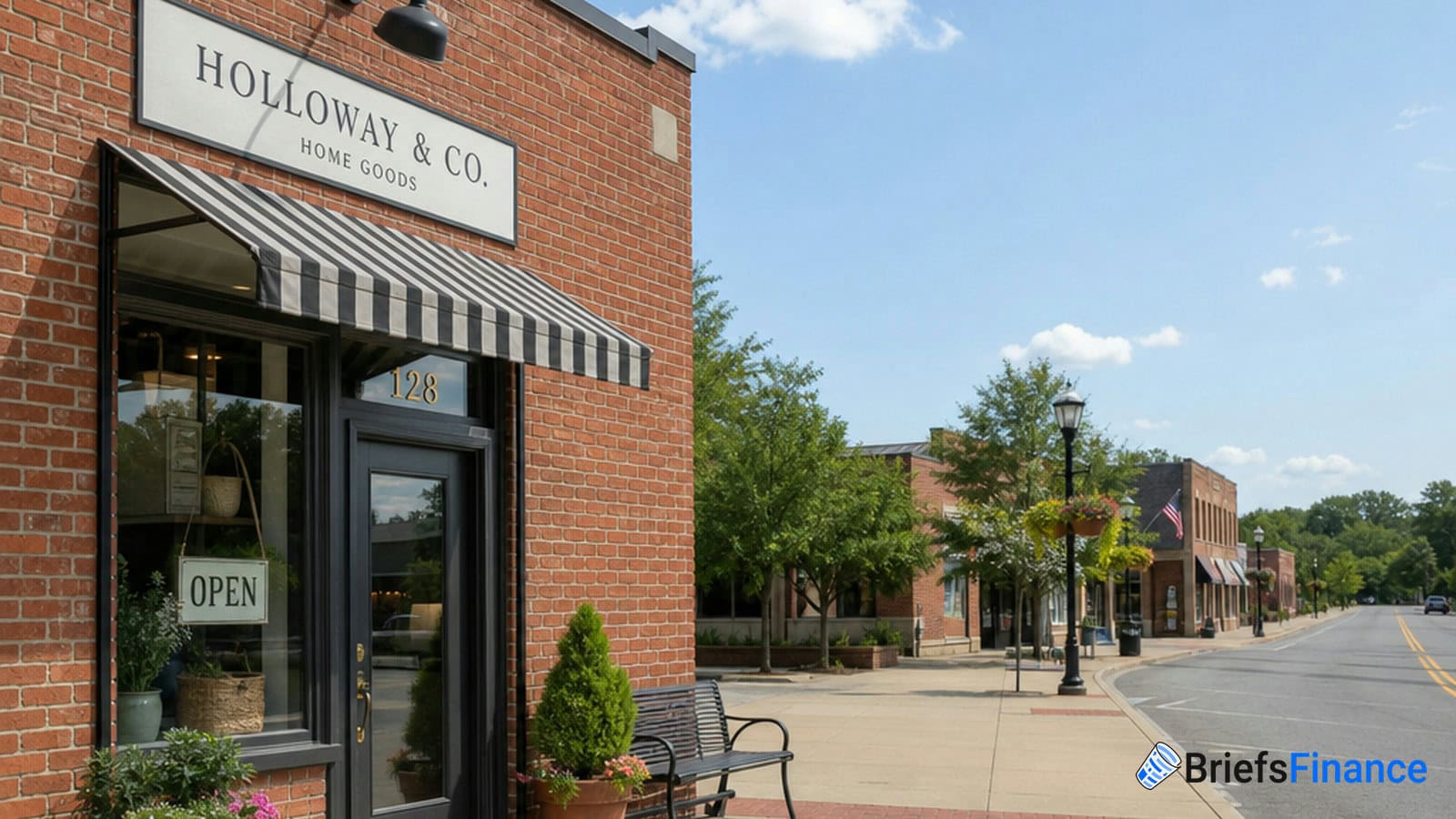 A quiet, sunny street in a small town with brick buildings, including a home goods store with an open sign and black-and-white striped awning.