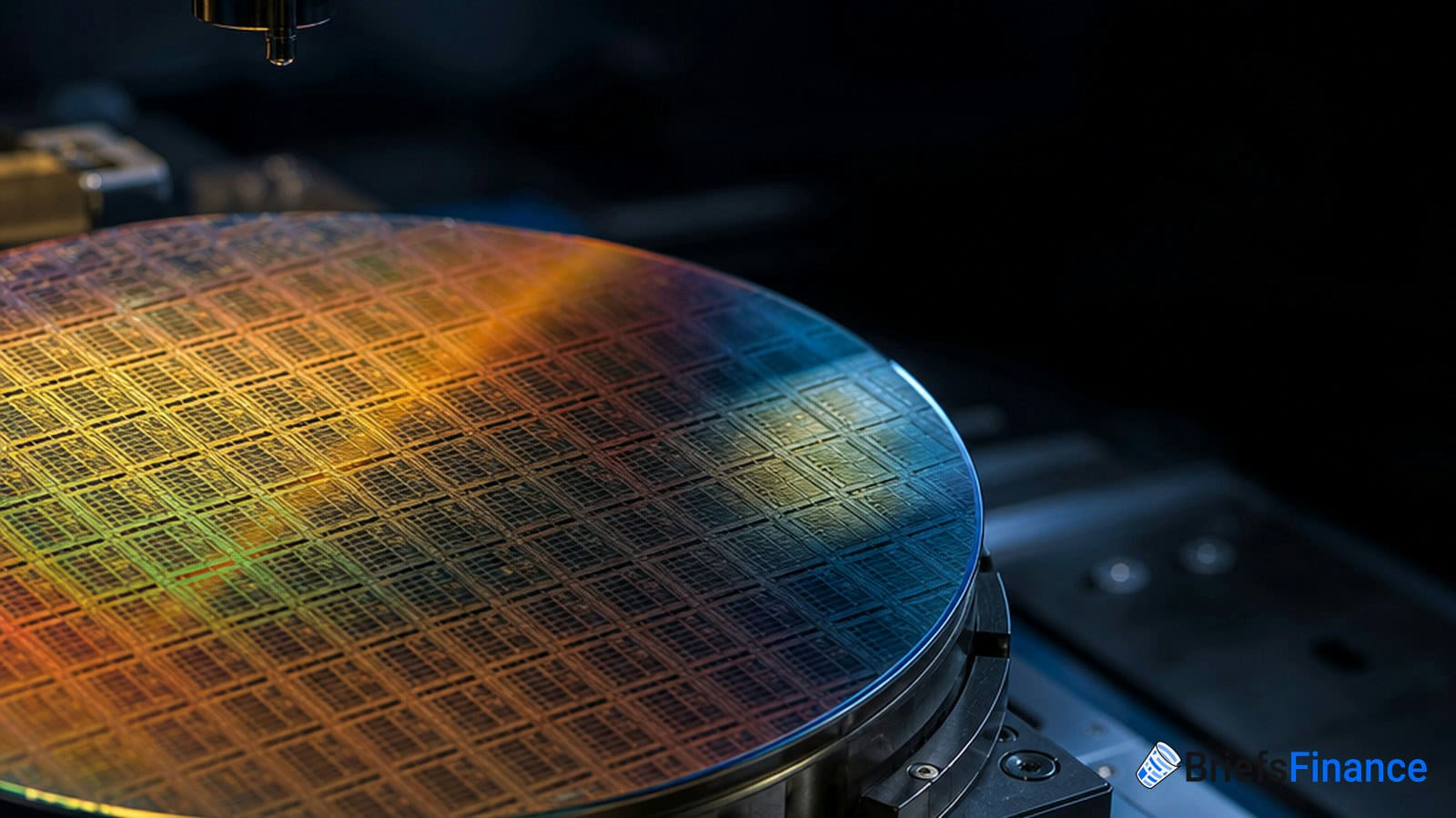 A close-up of a silicon wafer with microchip patterns, reflecting colorful light, positioned within semiconductor manufacturing equipment.