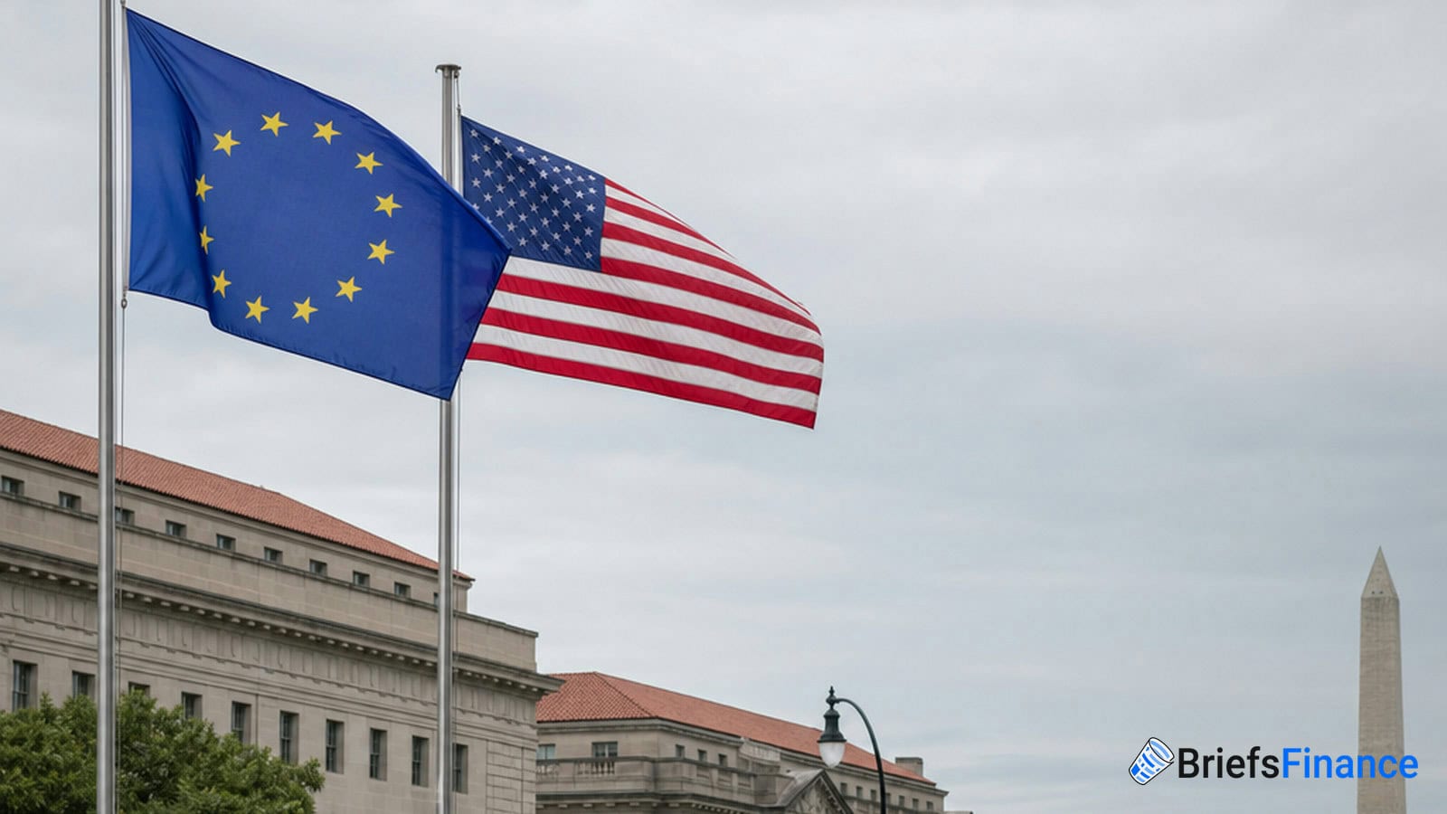 European Union and United States flags flying side by side on flagpoles, with buildings and the Washington Monument in the background, under a cloudy sky.