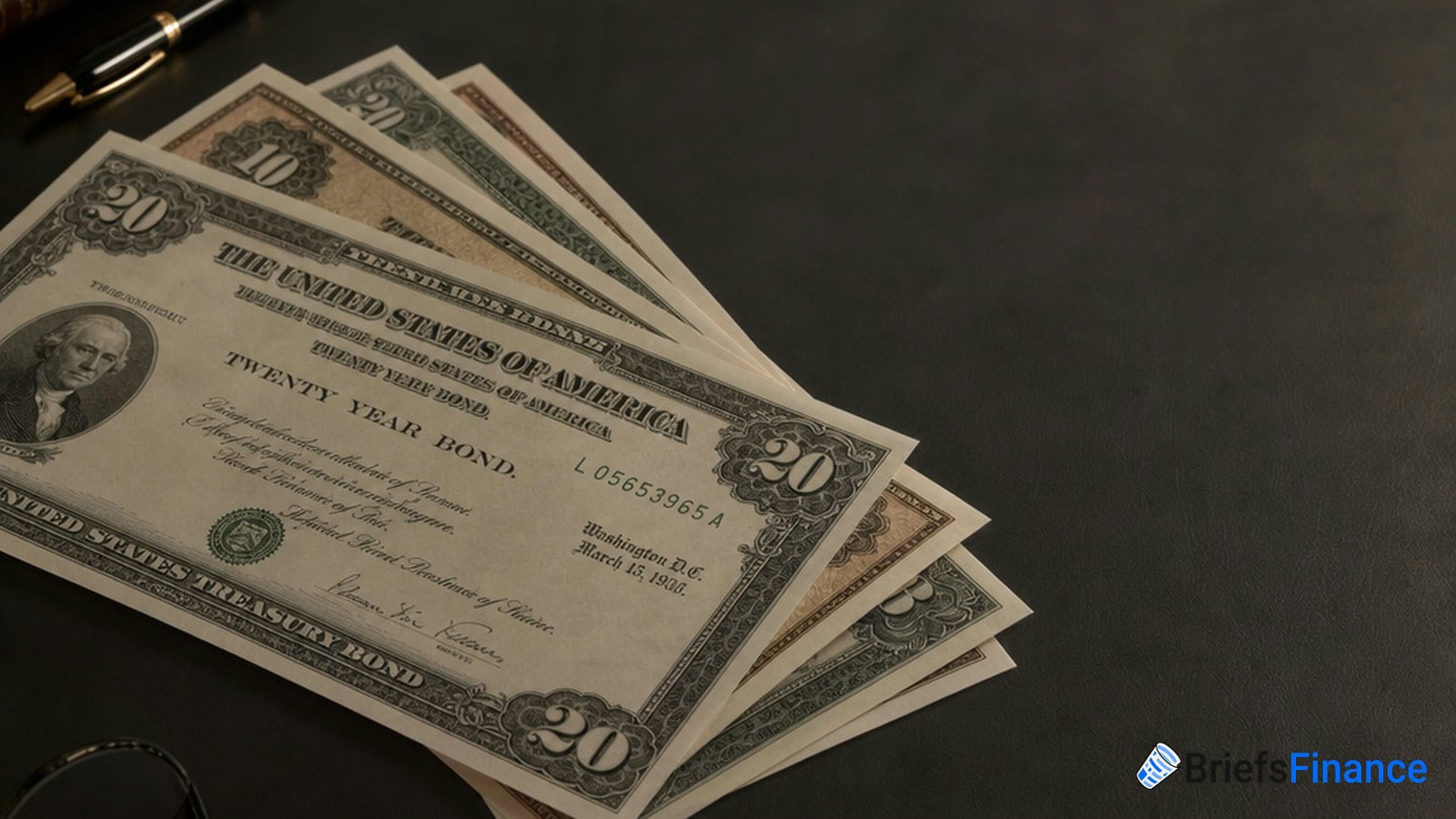 Four vintage U.S. twenty-year treasury bonds are arranged on a dark desk alongside a pen, glasses, and a "Briefs Finance" logo in the corner.