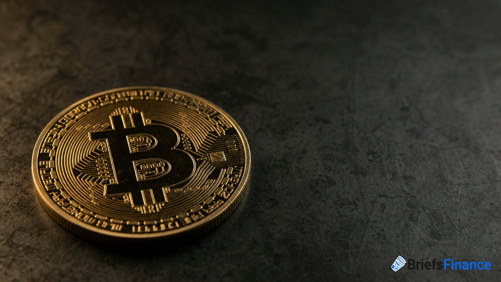 A gold-colored physical Bitcoin token is placed on a dark, textured surface, with the Briefs Finance logo in the lower right corner.