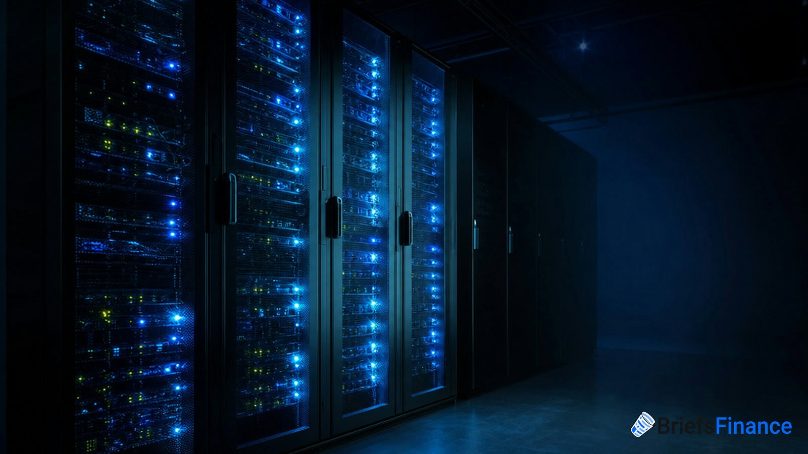 Rows of server racks with blue LED lights in a dark data center; Brief Finance logo visible in the lower right corner.