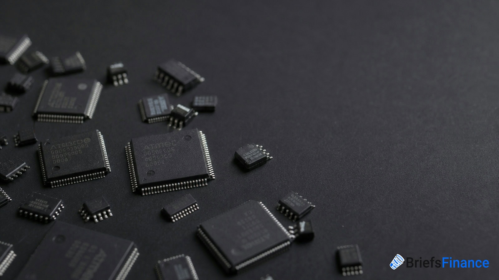 Assorted integrated circuits and microchips are scattered on a black surface, with the BriefsFinance logo visible in the bottom right corner.