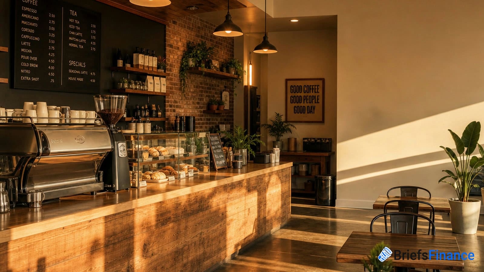 A modern coffee shop interior with wooden counters, coffee equipment, pastries on display, small tables, and potted plants, illuminated by warm natural light.