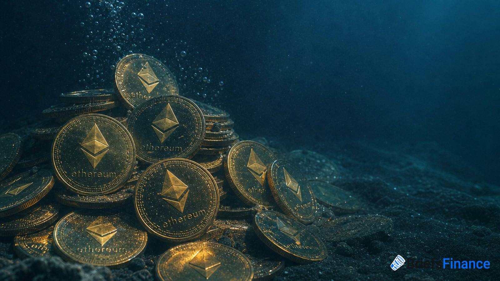 A pile of Ethereum coins lies underwater on the ocean floor, with bubbles rising above the coins.