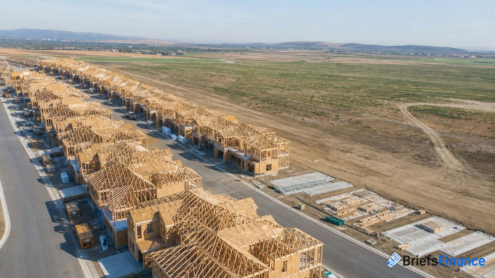 Rows of houses under construction with wooden frames, alongside a road, next to an open expanse of undeveloped land.