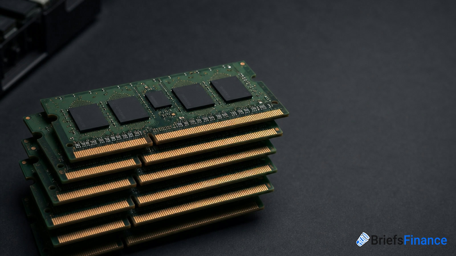 A stack of green RAM sticks with gold contacts on a dark surface, shown next to a partial view of a computer component.