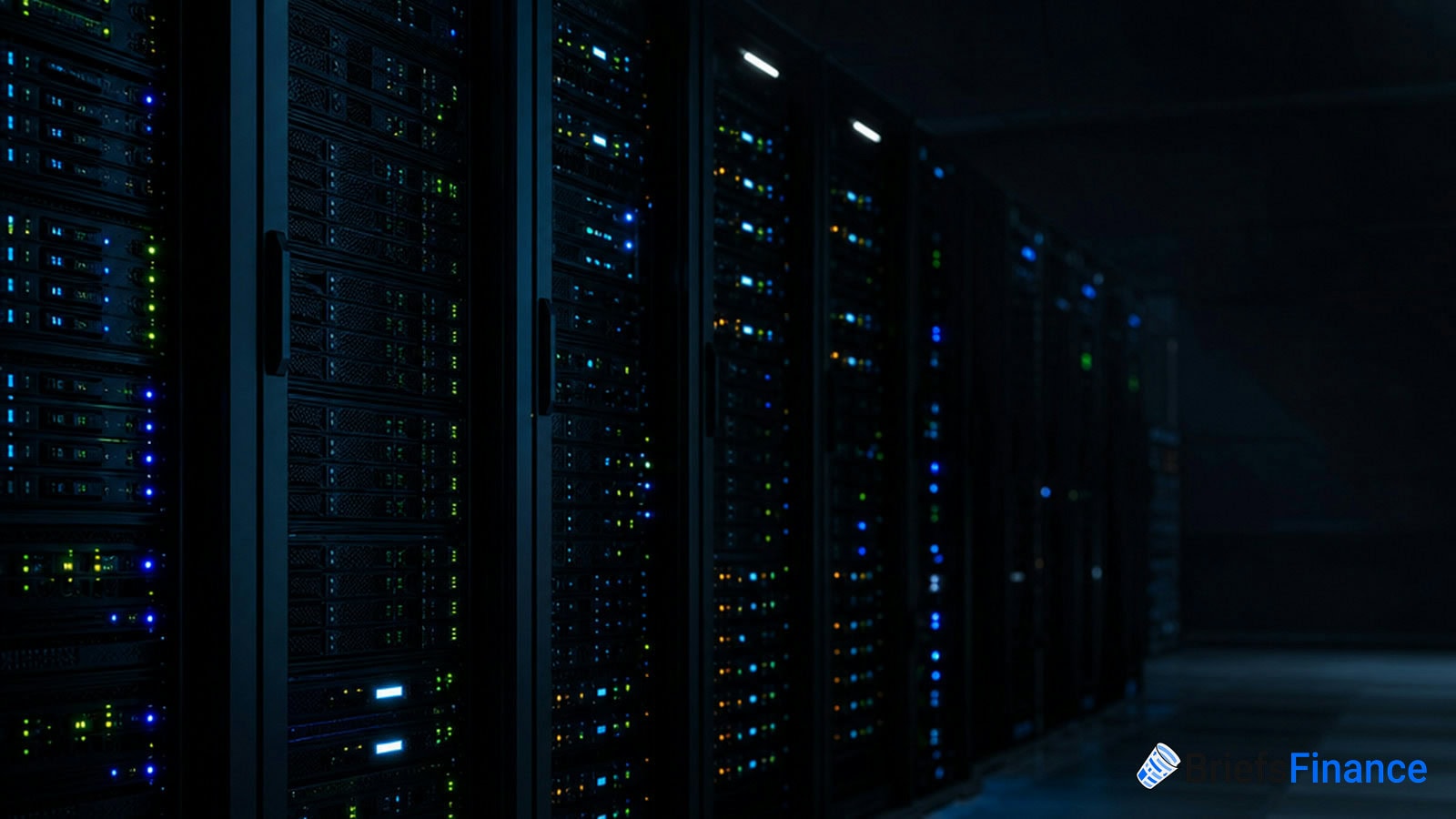 A row of server racks with illuminated indicator lights in a dimly lit data center; a logo reading "Finance" is visible in the lower right corner.