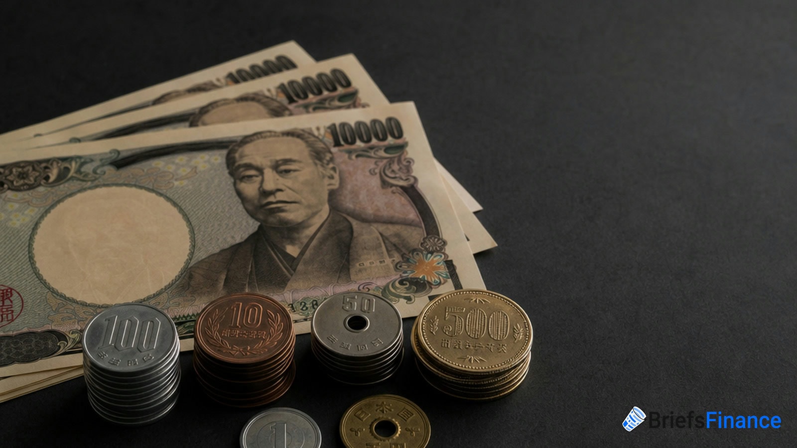 Japanese yen banknotes and coins arranged on a dark surface, with the words "Briefs Finance" in the bottom right corner.