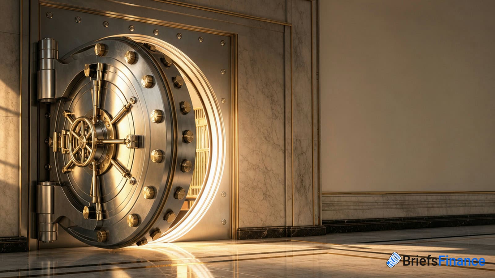 A large, round bank vault door is open inside a marble-walled room, with sunlight illuminating part of the vault and floor.