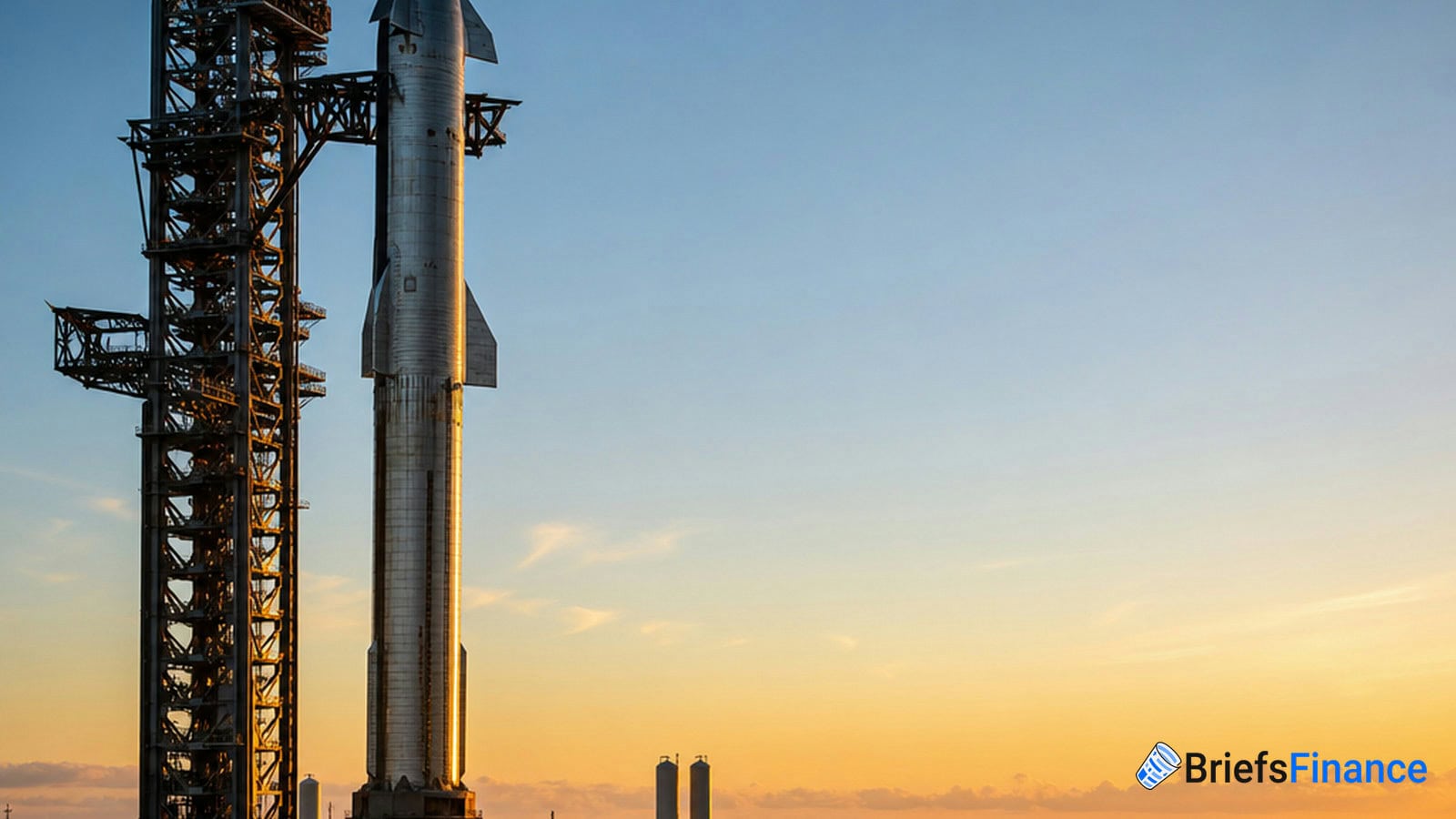 A large rocket stands vertically on a launch pad at sunrise, with a tall support structure beside it and a clear sky in the background.