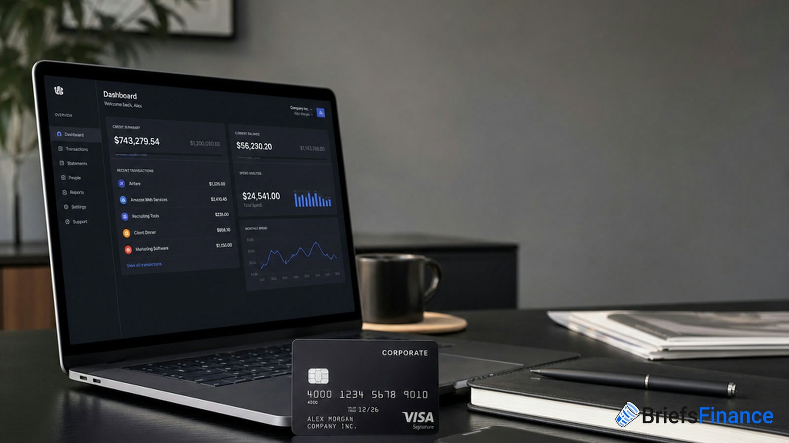 A laptop displaying a financial dashboard sits on a desk with a corporate Visa card, a notebook, a pen, and a cup in the background.