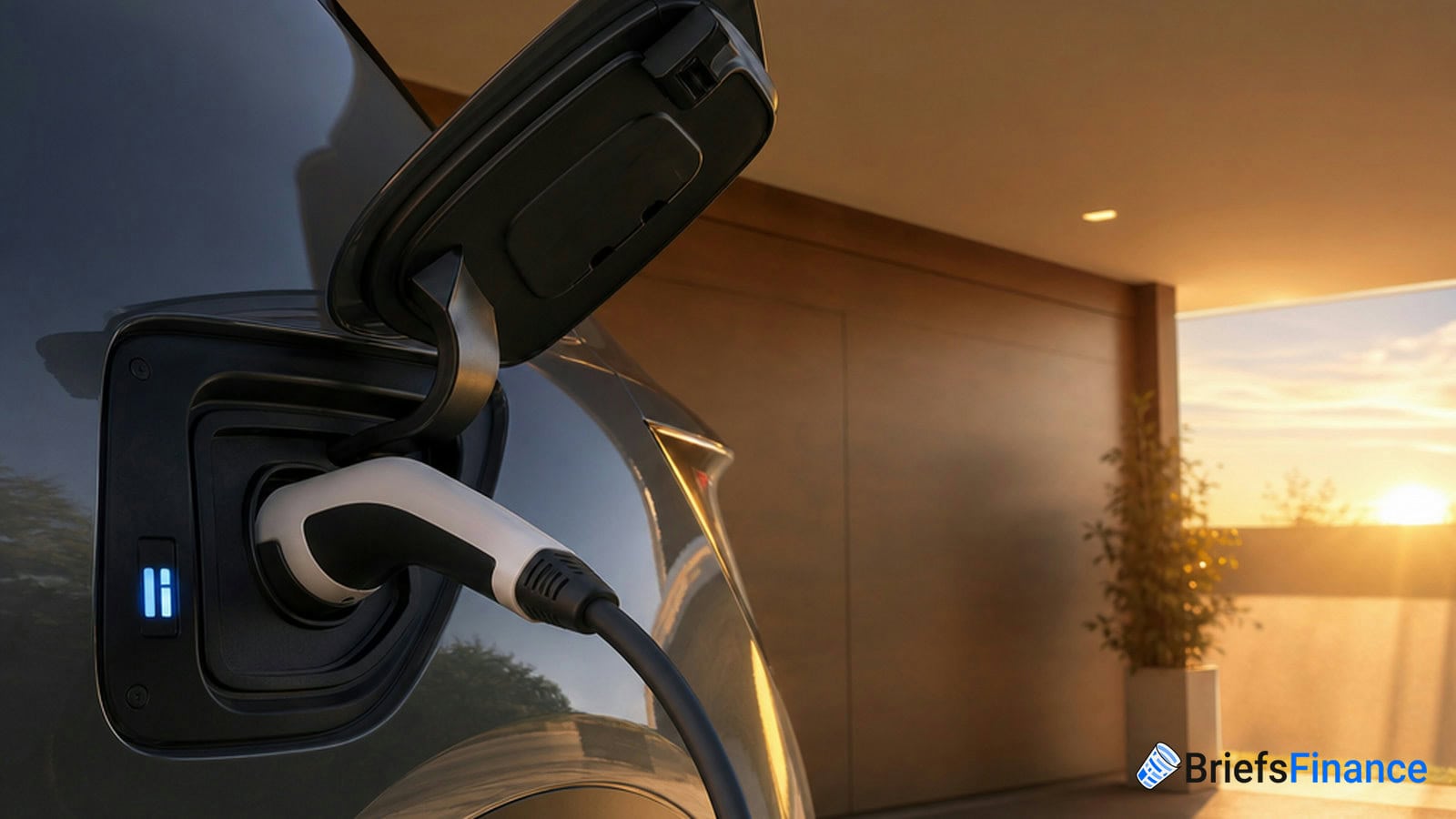Close-up of an electric vehicle charging at a home charging station, with a modern garage and potted plant in the background.