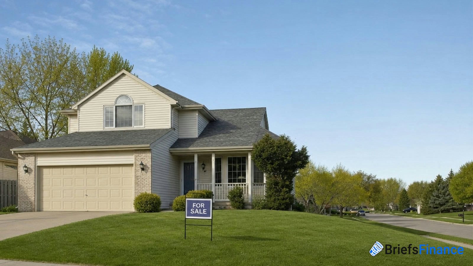 Two-story suburban house with attached garage and a "For Sale" sign on the front lawn, surrounded by green grass and trees under a clear sky.