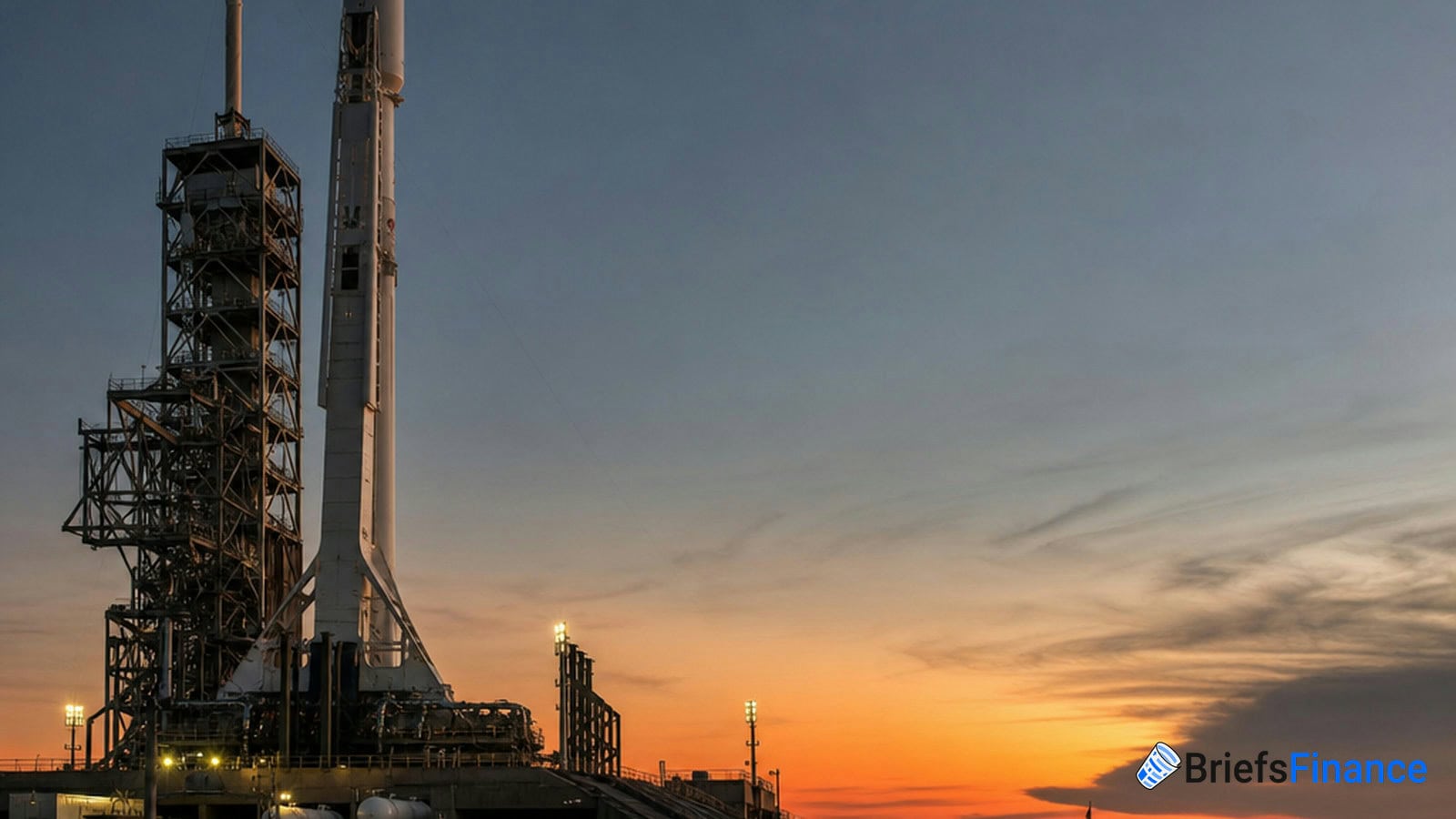A rocket stands on a launch pad at sunset with a partly cloudy sky in the background. The BriefsFinance logo appears in the lower right corner.