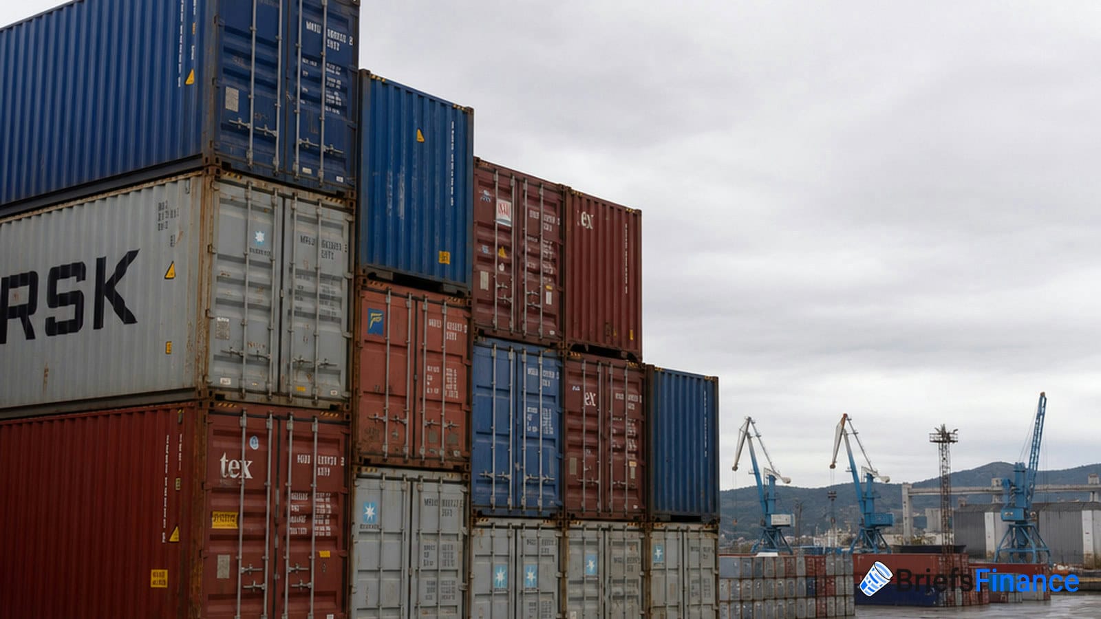 Stacks of shipping containers at a port with several cranes and a cloudy sky in the background.