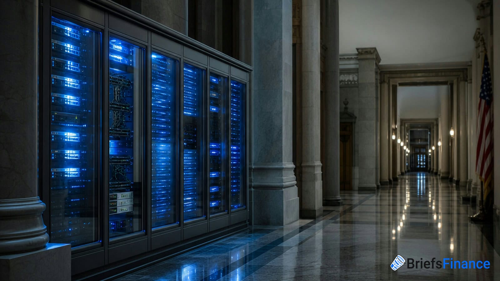 A hallway with glass-fronted server racks illuminated by blue lights on the left and marble floors reflecting large pillars on the right.