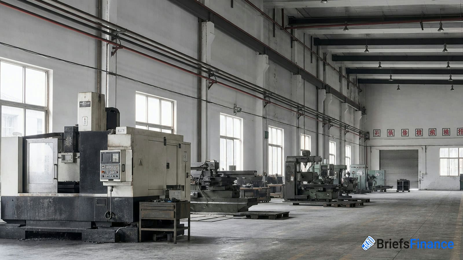 Spacious factory interior with several large industrial machines and equipment arranged along the walls under high ceilings.