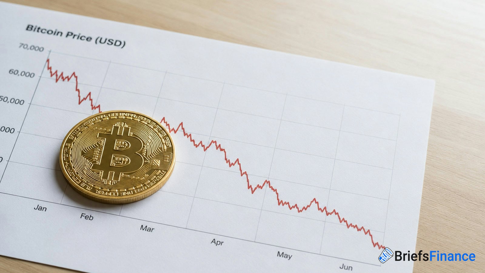 A physical Bitcoin coin placed on a printed chart shows the Bitcoin price in USD steadily declining from January to September.
