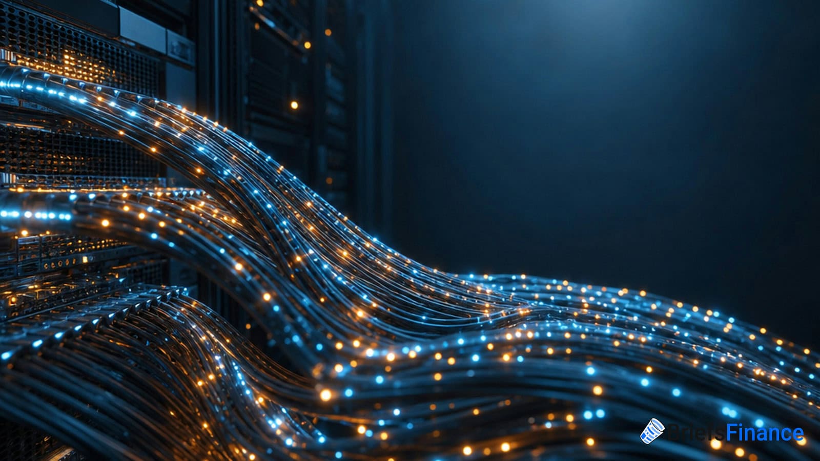 A network server room with multiple glowing data cables connected to racks, illustrating high-speed digital data transfer.