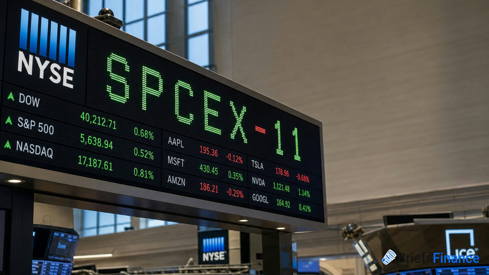 Digital display at the New York Stock Exchange shows indices and stock prices for the Dow, S&P 500, NASDAQ, and various technology companies.