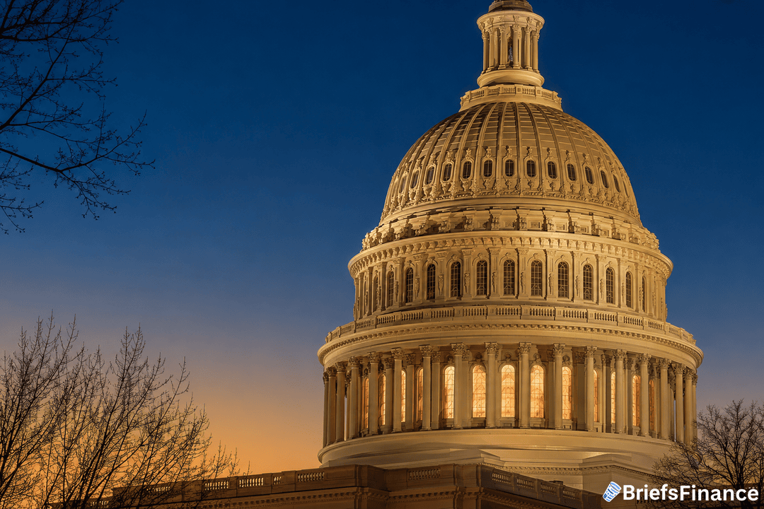 The illuminated dome of the United States Capitol building at dusk, with bare tree branches in the foreground and the BriefsFinance logo in the bottom right corner.