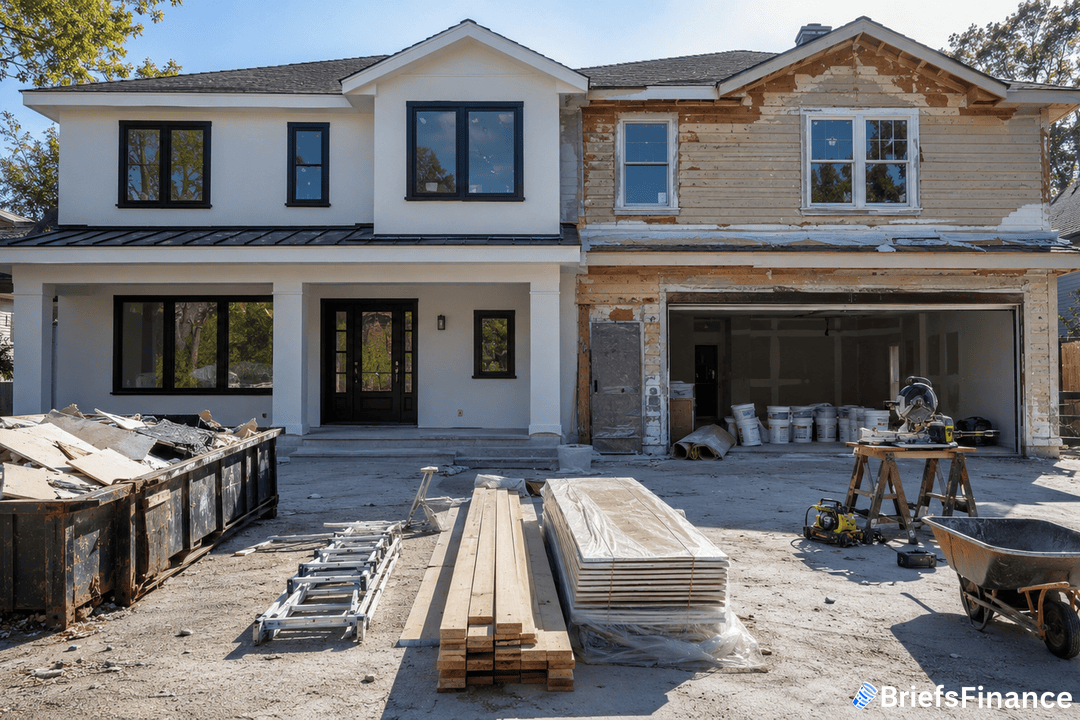 A two-story house under renovation with building materials, ladder, and tools scattered in the driveway. The left side has new siding, while the right side is unfinished. Dumpster and wheelbarrow are visible in front.