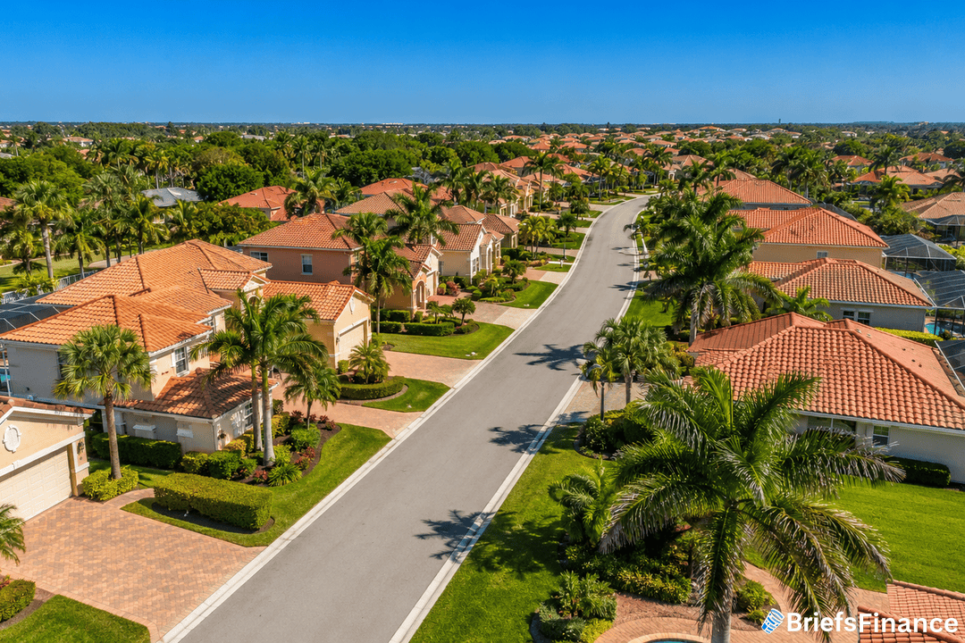 Aerial view of a suburban neighborhood with palm trees, green lawns, and rows of houses with terracotta-tiled roofs lining a wide, clean street under a clear blue sky.