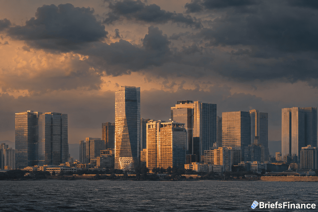 A modern city skyline with tall glass skyscrapers reflecting warm sunlight, set against a dramatic cloudy sky and seen across a body of water. “BriefsFinance” is visible in the bottom right corner.