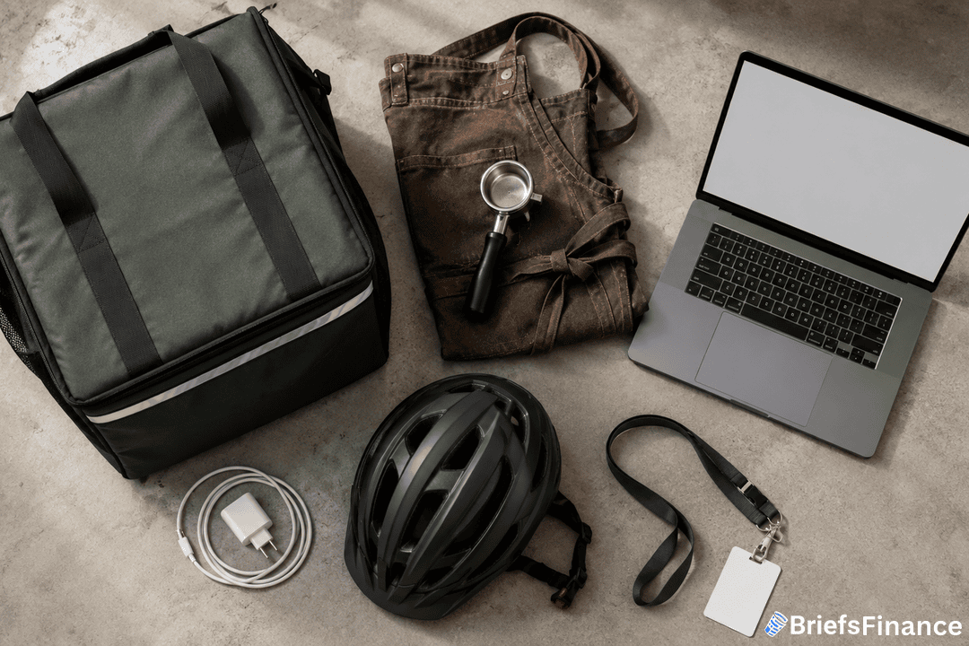 Flat lay of a green insulated delivery bag, brown apron, portafilter, open laptop, charging cable, bike helmet, and lanyard with ID badge on a concrete surface.