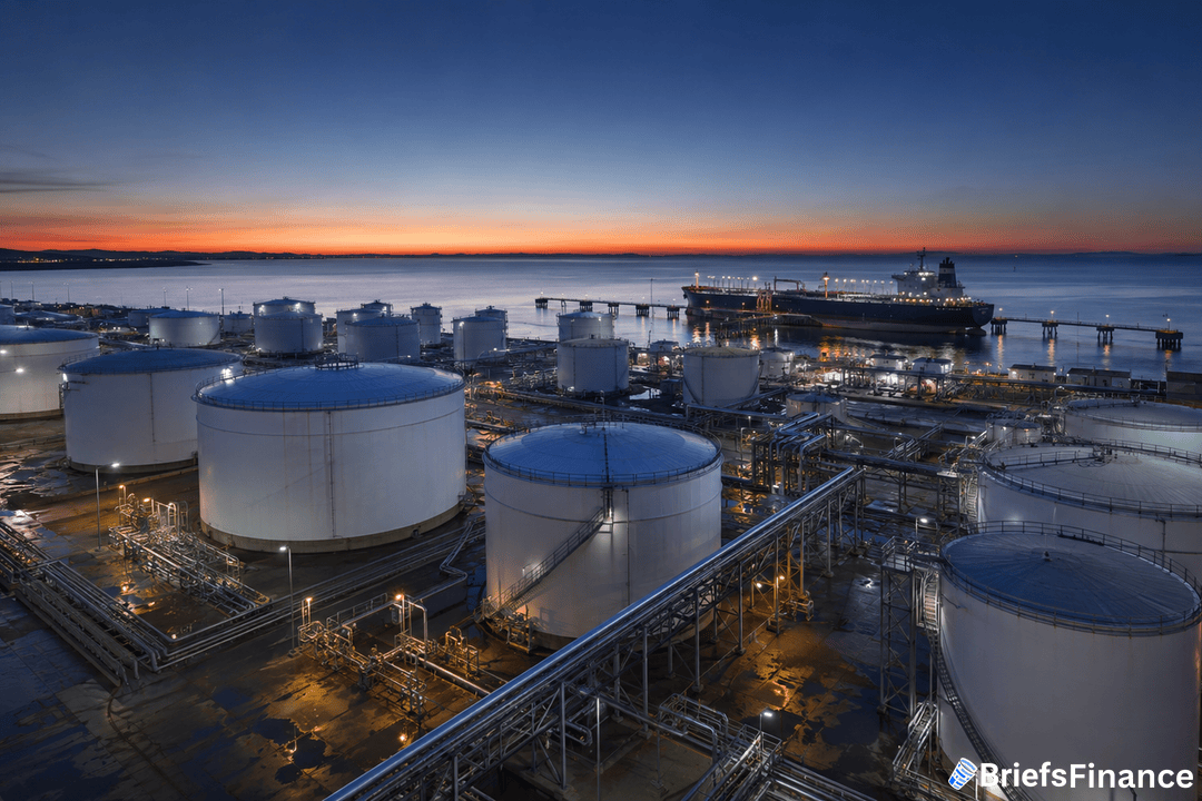 Large oil storage tanks and extensive industrial pipelines at a refinery near water, with a cargo ship docked at a pier during sunset. The sky is a blend of orange and blue, and lights illuminate the facility.