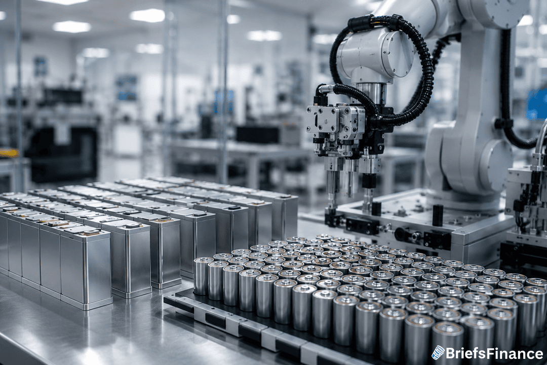 A robotic arm assembles rectangular and cylindrical lithium-ion batteries in a modern, high-tech factory setting. The workspace is clean and well-lit, with rows of finished batteries on metal trays.
