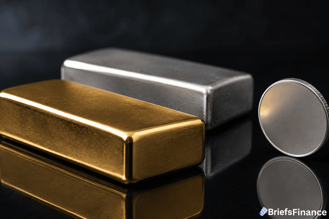 Two bars, one gold and one silver, alongside a silver coin, are displayed on a reflective black surface. The lower right corner shows a BriefsFinance logo.
