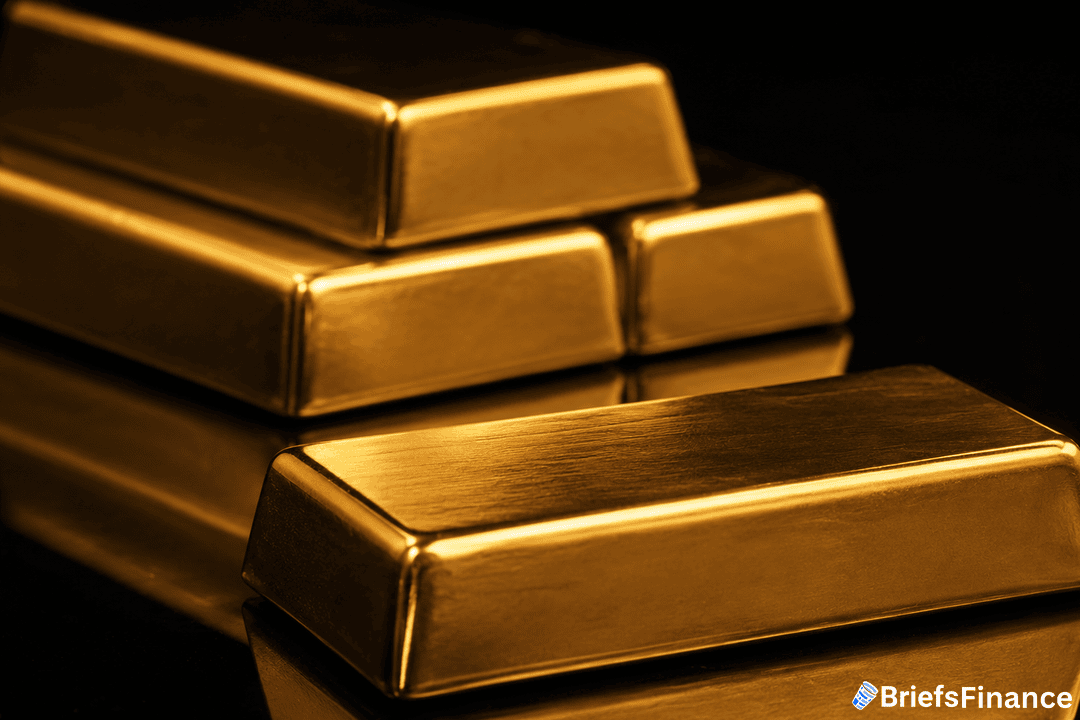 Four shiny gold bars stacked on a reflective black surface, with the BriefsFinance logo in the bottom right corner.