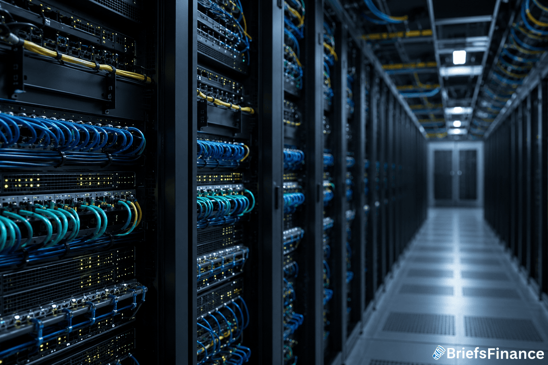 A modern data center with rows of server racks, network cables, and blinking indicator lights. The corridor between the racks is empty. BriefsFinance logo appears in the bottom right corner.