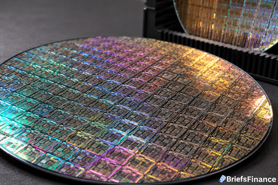 A close-up of a silicon wafer featuring multiple microchips with a rainbow sheen, reflecting light. The wafer sits on a dark surface, and another wafer is visible in the background.