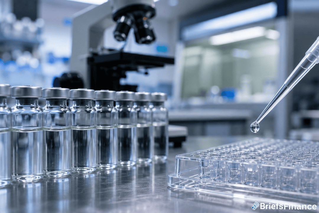 A laboratory scene with glass vials, a pipette dropping liquid into a multi-well plate, and a microscope in the background. The setting appears clean and professional, indicating scientific research or medical testing.