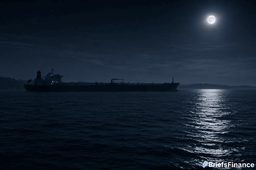 A large cargo ship sails on a calm sea at night under a bright full moon, with moonlight reflecting on the water. The silhouette of distant land is visible on the horizon. The BriefsFinance logo is in the bottom right corner.