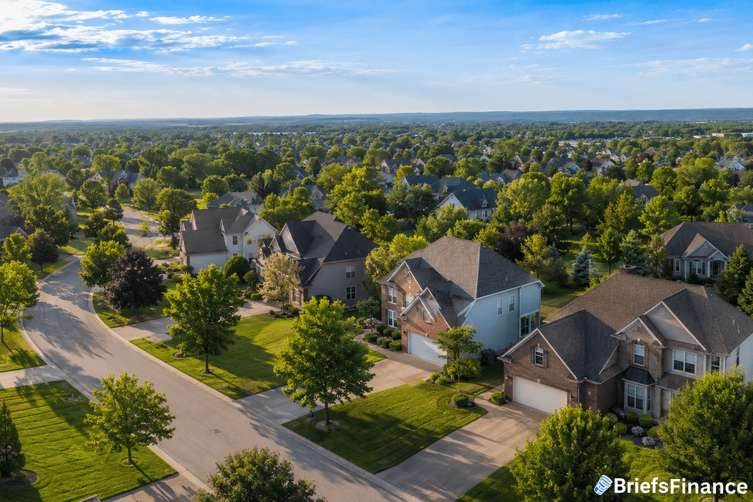 Aerial view of a suburban neighborhood with tree-lined streets, well-kept houses, green lawns, and clear blue skies. The BriefsFinance logo appears in the bottom right corner.