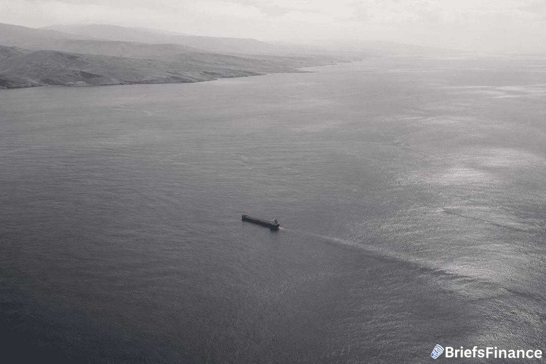 A cargo ship sails alone across a vast, calm sea with a distant coastline and hills under a hazy sky; BriefsFinance logo is visible in the bottom right corner.