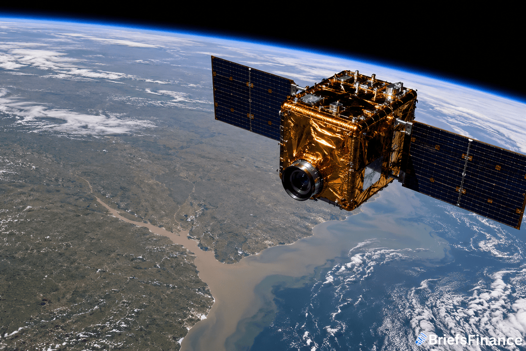 A satellite with gold and black panels orbits above Earth, capturing a view of land, rivers, and cloud formations below; the horizon and thin atmosphere are visible.