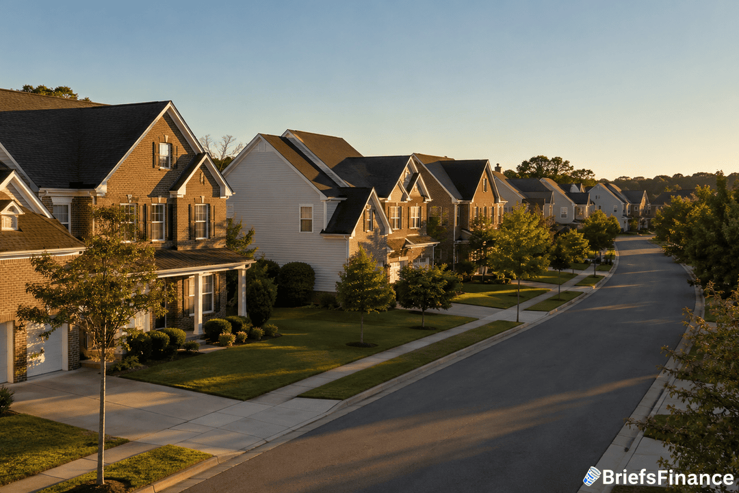 A quiet suburban street with modern, two-story houses, neatly trimmed lawns, and trees lining the road in the soft light of early morning or late afternoon. The BriefsFinance logo appears in the bottom right corner.