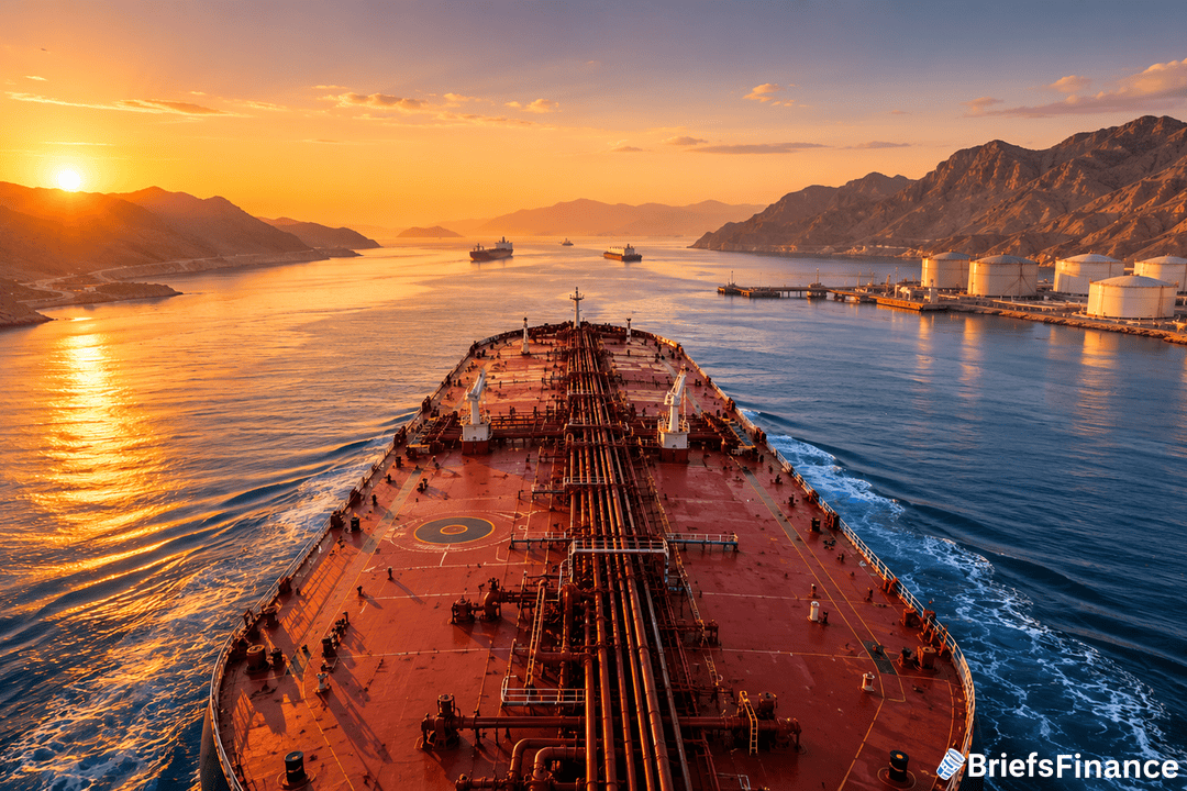 A large oil tanker sails through a wide bay at sunset, surrounded by mountains and industrial storage tanks, with other ships visible in the distance. The scene is bathed in golden light.