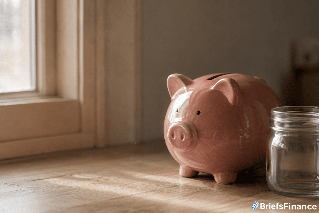 A pink ceramic piggy bank sits on a wooden surface near a window, next to an empty glass jar. Sunlight shines softly through the window. BriefsFinance is written in the bottom right corner.