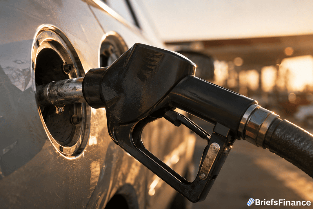 A close-up of a fuel pump nozzle inserted into a car’s gas tank at a gas station, with sunlight shining in the background. The image includes a BriefsFinance logo in the corner.